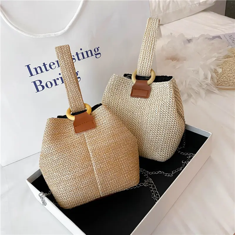 fashion style ring buckle cute woven basket hand bag small square straw woven bag ladies chain messenger bag shoulder