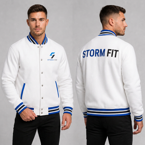 Veste varsity blanche pour homme Storm Fit, style preppy, logo brodé, bordure bleue, coupe classique, col rabattu, vêtement d'automne - Product Image 6
