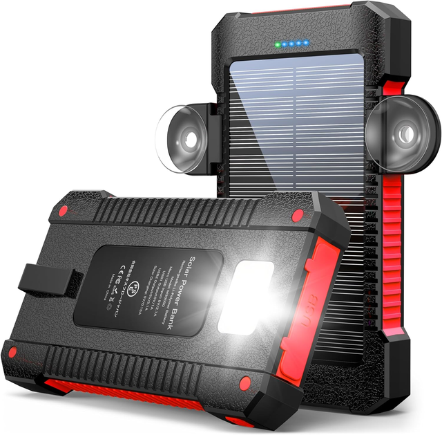 12000mAh,Solar Charger Portable with 2 USB Ports, Suction Cup Mount LED Flashlight for Outdoors, Compatible with IPhone, Samsung