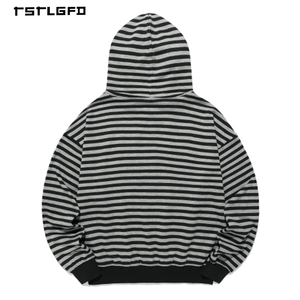 Sudadera con capucha vintage con cremallera y estampado de estrellas con rayas horizontales estilo Y2K, corte regular para hombre, estilo casual urbano de invierno, pedido al por mayor - Product Image 4
