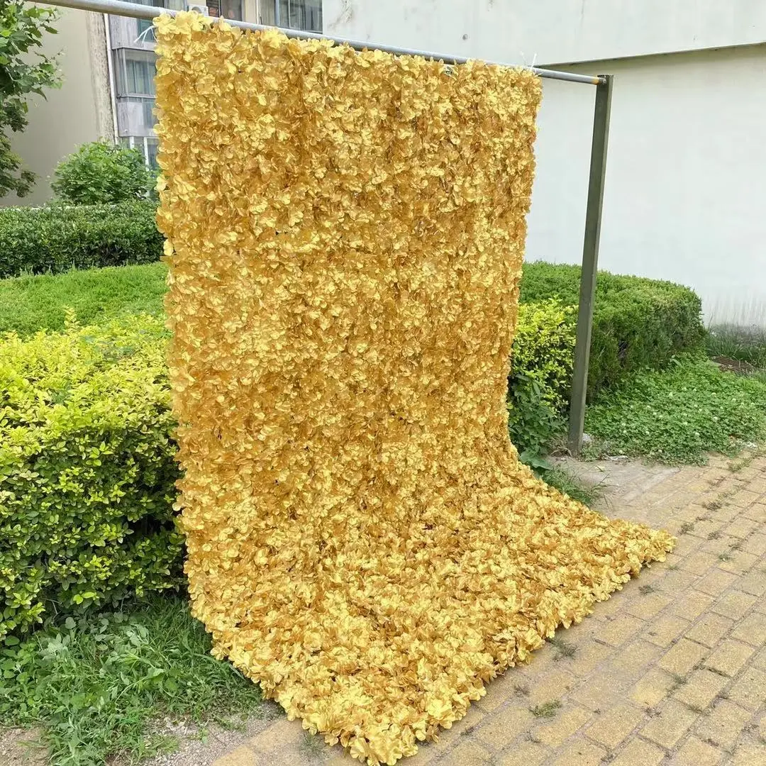 M357 Floral Backdrop 3D Roll Up Hydrangea Artificial Gold Wall Flower Panels Gold Flower Wall For Wedding Decoration Party Event
