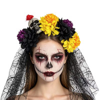Serre-tête transfrontalier d'Halloween fait main en tissu avec fleurs artificielles, voile gothique coloré, coiffe pour le Jour des Morts et le Festival des Fantômes
