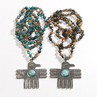 Collier vintage bohème ethnique en pierre naturelle de 6 mm avec nœud en verre, pendentif en turquoise argenté antique en forme d'aigle