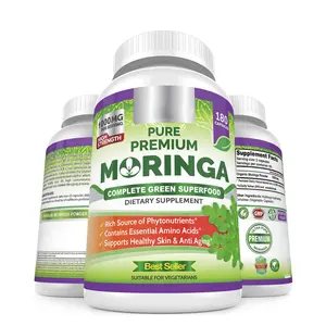 Moringa Oleifera 180 캡슐 100% 순수한 잎 분말 완전한 녹색 Superfood 보충교재 순수한 기적 나무 Moringa 최고 녹색