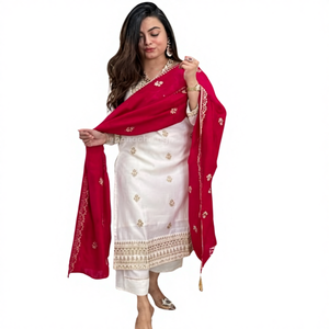Ensemble de costume 3 pièces en crêpe de soie longue et élégante pour femmes, style décontracté, broderie florale exquise, dupatta, hauts sans manches - Product Image 4