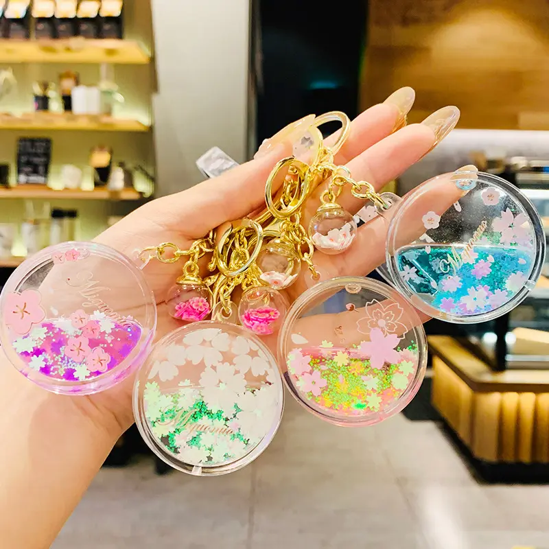 New Cherry Blossoms Keychain Acrylic Moving Liquid Quicksand Flower Bottle Keyring for Women Girl Bag Charm Key Chains Gifts