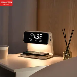Jam Alarm kamar tidur LCD 3 dalam 1, dudukan lampu malam, kamar tidur dengan bantalan pengisi daya nirkabel 10W, layar Digital kalender LED suasana