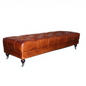 Taburete de <span class=keywords><strong>Banco</strong></span> otomano largo con botones completamente copetudos de cuero genuino vintage personalizado, mesa central para sala de estar, <span class=keywords><strong>Banco</strong></span> de extremo de cama para dormitorio - Product Image 6