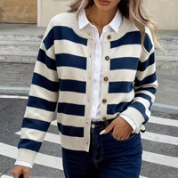 Cárdigan de Punto a Rayas con Cuello Redondo para Mujer, Suéter Abierto con Botones de Punto Acrílico, para Uso Diario, Casual, Festivo, Personalizable