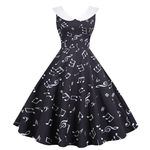 Vestido de verano para mujer, dulce, cuello <span class=keywords><strong>Peter</strong></span> Pan, Vintage, elegante, estampado de notas musicales, vestidos de fiesta ajustados sin mangas, Bata - Product Image 3