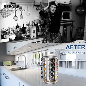 Organizzatore portaspezie rotante per armadietto con etichette per spezie prestampate e imbuto con 20 barattoli di spezie in vetro - Product Image 2