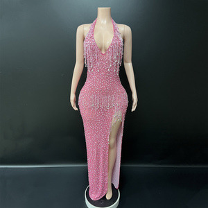 strapless open back dress Luxurious Heavy Pink Tassel Beaded Mermaid Prom Dress P3270 – PreppyDress main image 1