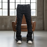 Jean personnalisé de haute qualité 2026, lavage noir, coupe slim, évasée, panneau en cuir, fermeture éclair, style Y2k, streetwear, denim pour homme