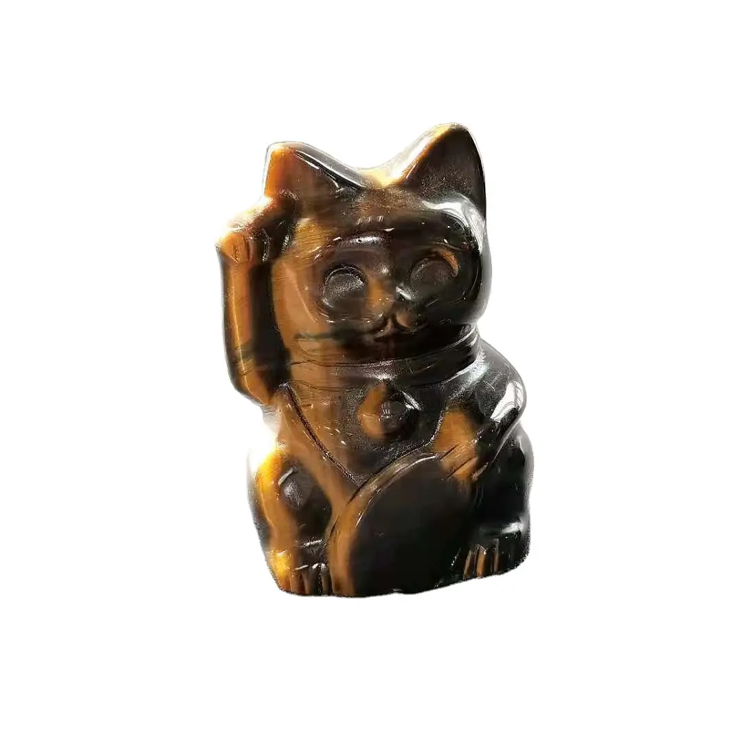 Natural hand carved stone lucky gemstone yellow tiger eye fortune cats carving statue sculpture for gift