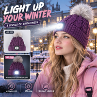 Bonnet LED avec pompon en tricot torsadé pour adultes, trois niveaux de luminosité, pour la marche en plein air, le camping, la randonnée, le cyclisme, les voyages