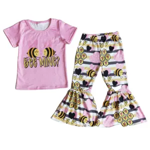 Conjunto de ropa de boutique para niñas, juego de ropa de manga corta con pantalones de abeja, color rosa, de 4 a 12 años, nuevo diseño