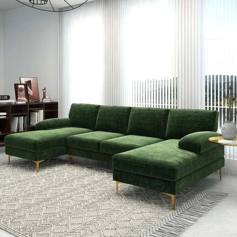 Atmosfera elegante de alta qualidade, atmosfera elegante, macia, minimalista, 5 lugares, verde, veludo, dourado, de metal, em formato de u, sofá