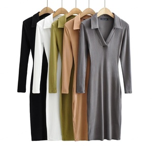 Wholesale Custom Women's Casual Midi <b>Dress</b> Spring Autumn Solid Color POLO Neck Loose Stretch Long Sleeve Hip Knit <b>Dresses</b> - Product Image 1