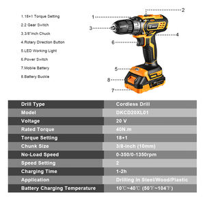   Trapano Avvitatore a Batteria DKCD20XL01-H10 20V Nuovo, 18+1 Regolazioni di Coppia, Mandrino Autoserrante 40N.m, per Foratura su Legno - Product Image 3
