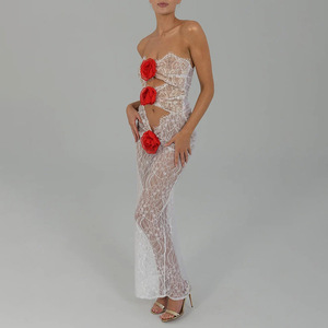Lace-trimmed Floral Strapless See-through Bodycon Long Dress Natural Waist Cut-out Evening Dress - Product Image 3
