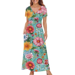 Vestido feminino de manga curta com decote em V retrô floral estampado maxi casual, com gravata na cintura, confortável e fluido, vestido longo - Product Image 3