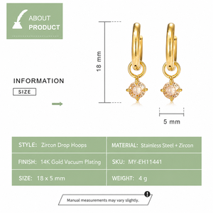 Zircon Drop Hoop <b>Earrings</b> Stainless Steel 14K Gold Vacuum Plated <b>Hinged</b> Hoops with Round Champagne Color Stone Detail - Product Image 2