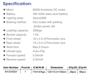 Camion benne électrique 4x4 homologué CE, capacité de charge 300 kg, mini <span class=keywords><strong>brouette</strong></span> de haute qualité, batterie 48 V, benne de 110 L - Product Image 4