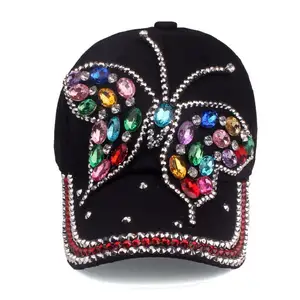 Cowboy Chapéu Feminino Primavera E Outono Borboleta Colorido Diamante Boné de Beisebol All-Match Protetor Solar Viseira Solar Rhinestone Cap Trendy