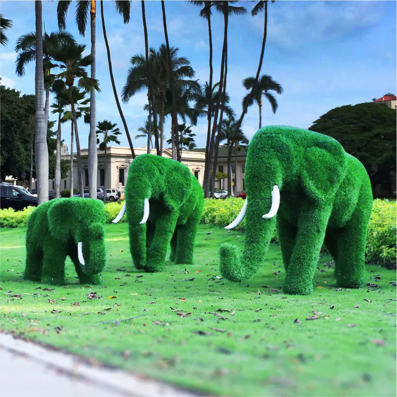 รูปปั้นช้างตกแต่งสนามหญ้า,รูปปั้นช้างไฟเบอร์กลาสรูปสัตว์ต้นไม้สีเขียวกลางแจ้งขนาดใหญ่ FRP
