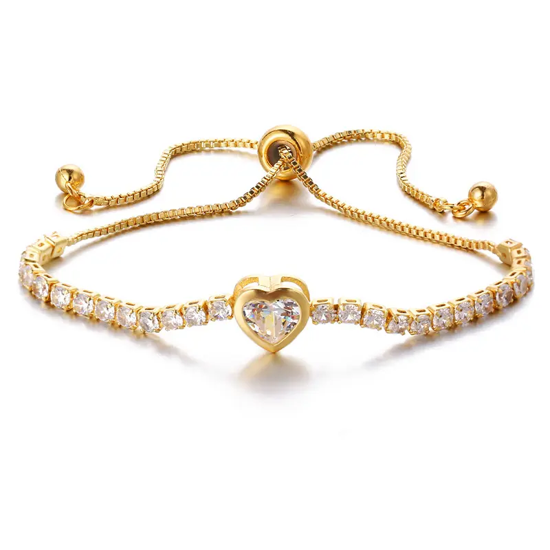 Fashion Elegant Adjustable Gold Plated Claw Setting Zircon Copper Alloy Women Tennis Jewelry Heart Hand Bracelet For Women