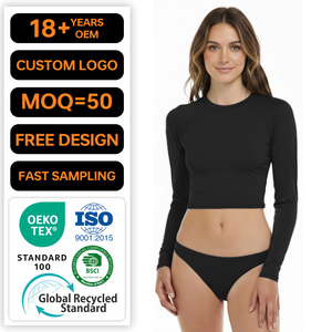 여성용 UPF 50+ 래쉬가드, 긴팔 크루넥 플랫락 심스 수영복 래쉬가드, 맞춤 나일론/스판덱스 수영복 크롭탑 - Product Image 1