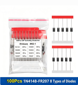مجموعة مكونات الديود، 8 أنواع بإجمالي 100 قطعة، تشمل 1N4148، 1N4007، <span class=keywords><strong>5819</strong></span>، 5822، 5408 وغيرها. - Product Image 1