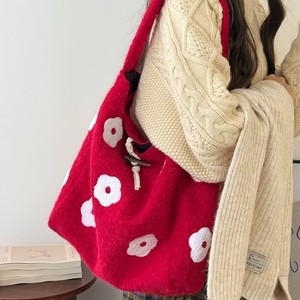 Bolso Tipo Cubo de Lana con Bordado Floral, Rojo, Verde, Marrón, Flores de Felpa, Cierre de Gancho, Bolsillo con Cremallera, Uso Diario, Invierno 2025 - Product Image 2