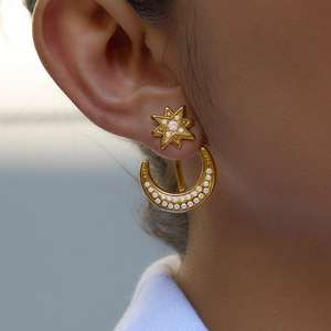Boucles d'oreilles étoile et lune, ton or, zircon blanc, micro-insertion, acier inoxydable, bijoux de mode pour femmes, cadeau - Product Image 2