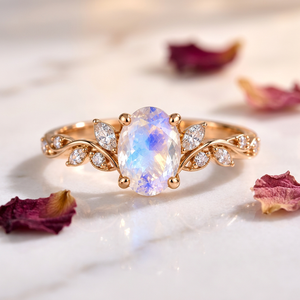 Oval Rainbow <b>Moonstone</b> Ring 925 Sterling Silver Leaf Vine Engagement Ring Gold Plated Custom Gemstone <b>Jewelry</b> - Product Image 3