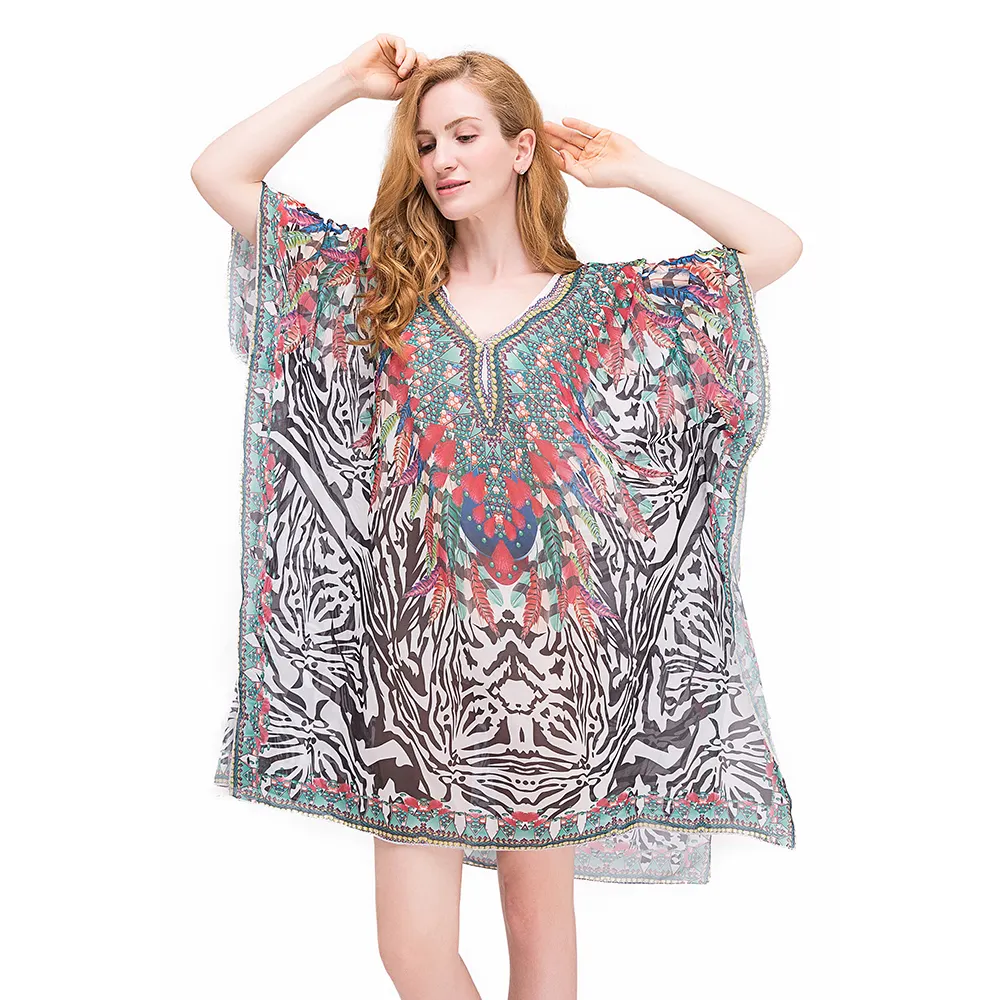 Vibrant Color Embellished Short Digital Print Beach Kaftan Dress For Women