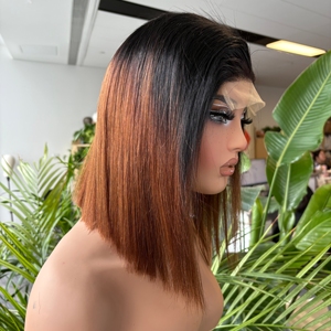 Pelucas de cabello humano liso con cierre frontal de encaje 5x5, estilo bob corto ombre marrón, brasileño - Product Image 4