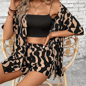 Conjunto de Dos Piezas con Estampado Bohemio para <span class=keywords><strong>Mujer</strong></span>, Cárdigan Abierto Informal y Pantalones Cortos, Ropa de Playa para Vacaciones 2026 - Product Image 2