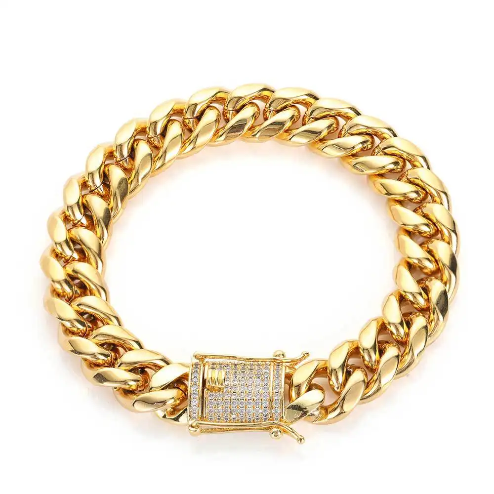 6-18MM Miami Cuban Chain Real Gold Plated Bracelet Zircon Diamond Buckle Jewelry Set Stainless Steel Gold Plated Cuban Chain