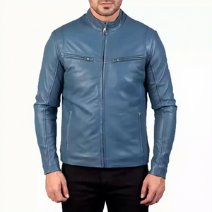 <b>Mens</b> Real Blue Leather <b>Jacket</b> <b>Sheepskin</b> Snap Tab Collar Chest Zip Pockets Cafe Racer Coat Custom Winter Warm Outerwear Apparel - Product Image 1