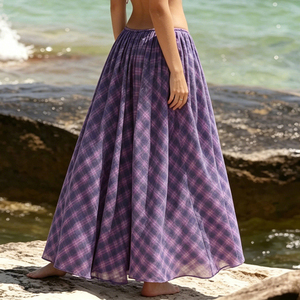 Classic Purple Plaid Breathable Summer Maxi <b>Skirt</b> for Women Elastic Waist A-Line <b>Full</b> Swing Flowy Casual - Product Image 6