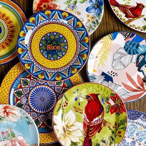 Assiettes plates en céramique de style européen et américain, compatibles micro-ondes, style bohème, 9 pouces, pour restaurant thaïlandais, pour steak - Product Image 1