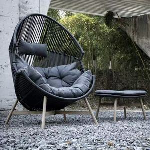 Modern Black <b>Rattan</b> Dining Chair with Ottoman Set PE Dark Gray Cushions Solid Wood Frame-98x100x142cm & 48x63x37.5cm - Product Image 2