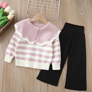 Ensemble de deux pulls en tricot pour filles, printemps-hiver, nouveau pull rayé à col rond pour filles - Product Image 2