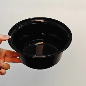 Tigela de plástico PP redonda preta de 37 onças segura para micro-ondas com tampa tigela de plástico descartável de 1100 ml recipiente para alimentos Pronto para enviar