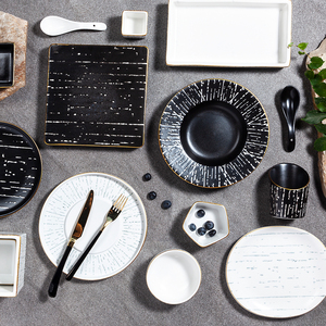 Thân Thiện Với Môi Dập Nổi Màu Crockery Bán Buôn Đen Và Trắng Trung Quốc Sứ Đồ Ăn Tối Gốm Đặt Bộ Đồ Ăn Bán - Product Image 2
