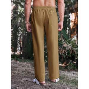 2025 Men's <b>Linen</b> Cotton <b>Trousers</b> Bleached Decoration Casual Loose Fit Straight-Leg Beach Yoga Lounge Elastic Waist B0CDWQGR9N - Product Image 3