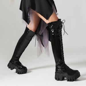 Botas de plataforma con cordones y punta cuadrada, tacón de cuña de suela gruesa, talla grande 44, para mujer, ajuste ancho, hasta la rodilla, estilo casual - Product Image 4