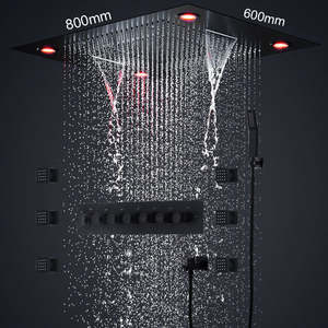 マットブラック6機能LEDシャワー蛇口セット大雨/ミスト/滝引込め天井サーモスタット浴室アパートホテル - Product Image 1