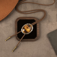 Collier Bolo Tie pour homme, œil de tigre, pierre de malachite, filigrane argenté vintage, cuir tressé, bijoux western cowboy, cadeau pour lui